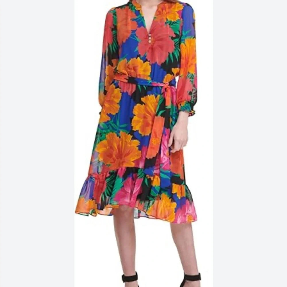 Calvin Klein Long Sleeve Midi Length Dress with Ruffle Hem and Belt Size Large